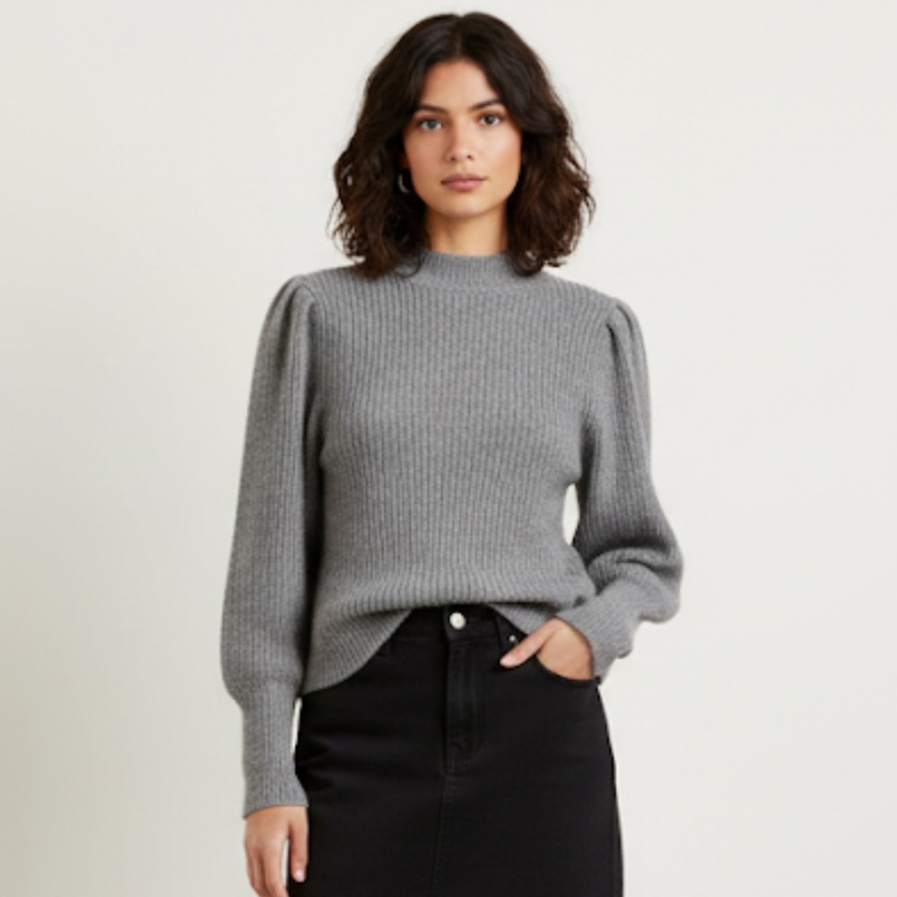 NEW Reformation Cashmere Gray Mock Neck Balloon Sleeve Ribbed Sweater Medium